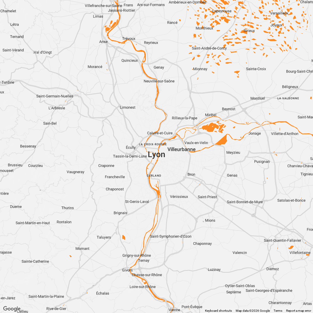 Carte de la zone d'intervention Dotty : Lyon et 30 km alentour